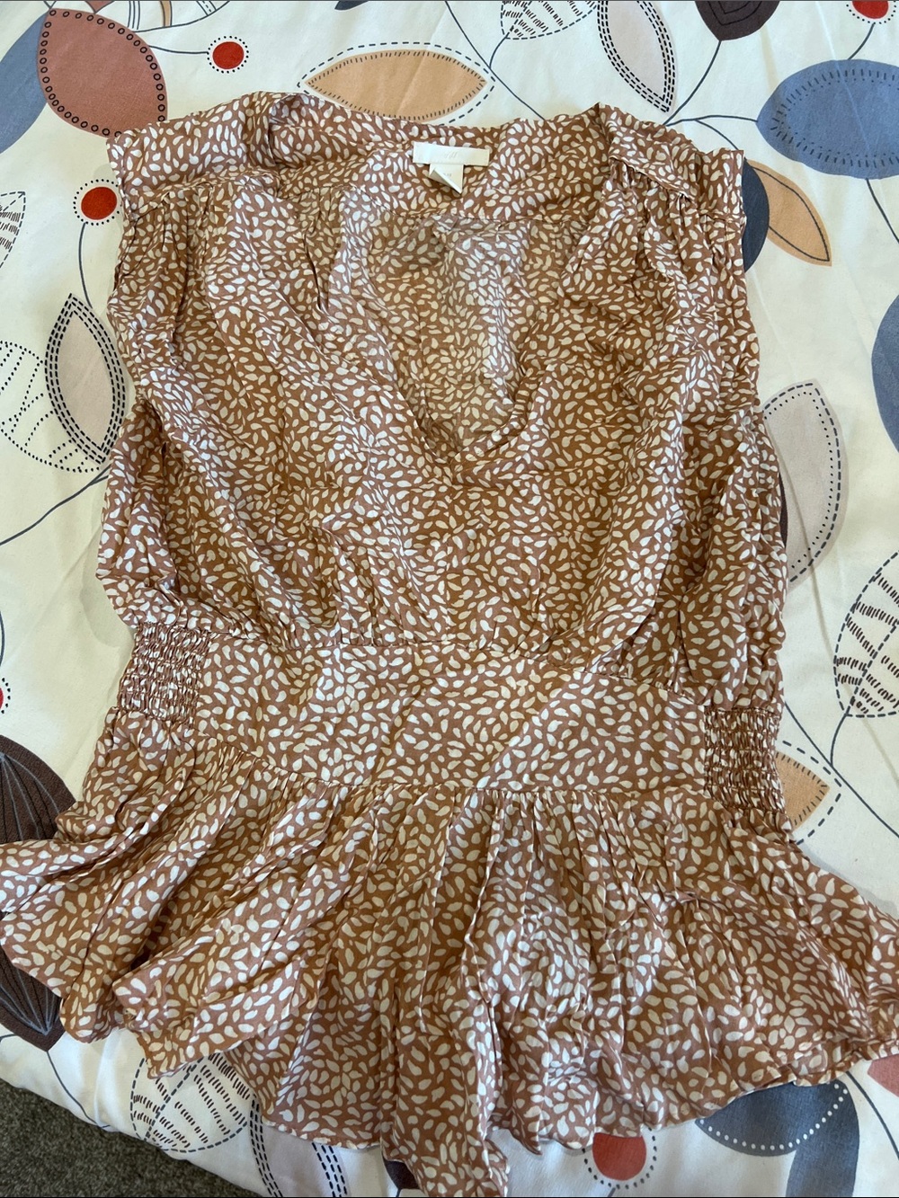 H&M Tan and Cream Printed V-Neck Smocked-Waist Blouse